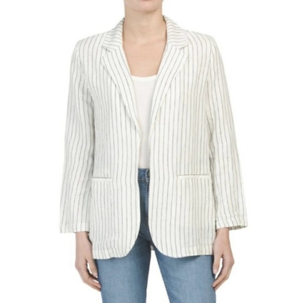 Rachel Zoe Black & Ivory Linen Pinstripe Oversized Blazer Size XS